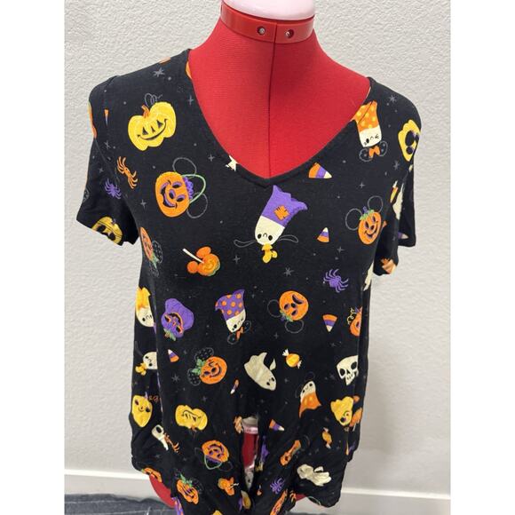 Disney Halloween T Shirt V Neck Tie Front Mickey Mouse Pumpkins Ghosts - Picture 1 of 5